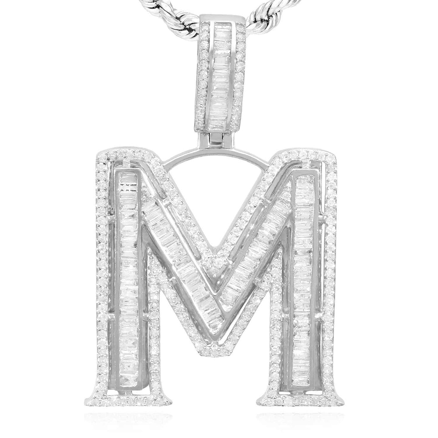 1.1CTW Real Diamond Baguette 14K White Gold Initial Letter Pendant 1.5"