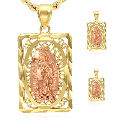 10K Gold Our Lady Of Guadalupe Rectangle Diamond-Cut Religious Pendant 0.8"-1.2"