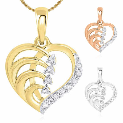 Real Diamond 10K Gold Yellow Rose White Heart Pendant 0.5"