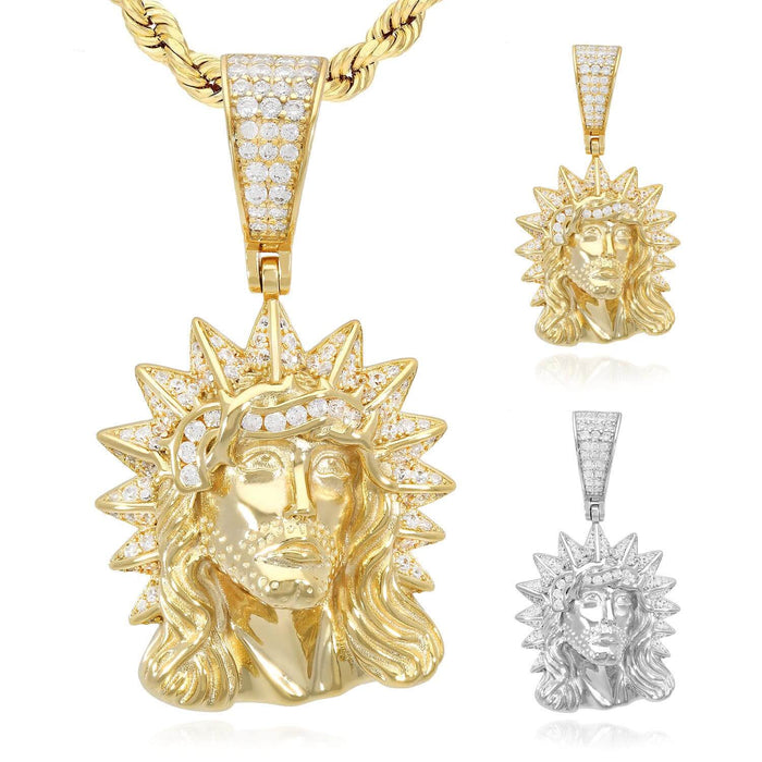 14k Gold Over Silver CZ Jesus Head Thorn Pendant 1.8"