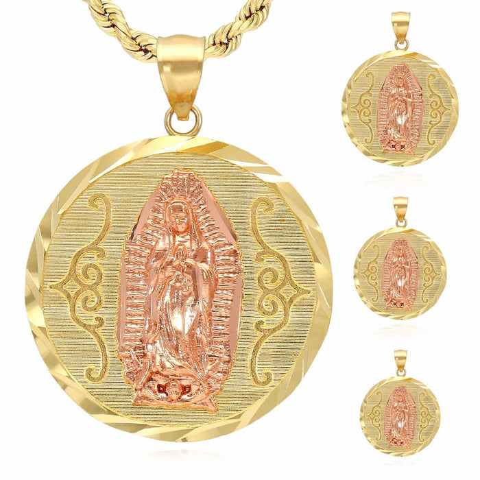10K Gold Our Lady Of Guadalupe Diamond-Cut Religious Medallion Pendant 0.8"-1.3"