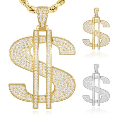 14K Gold Over Silver Ice Out CZ Pave Dollar Sign Pendant 1.6"