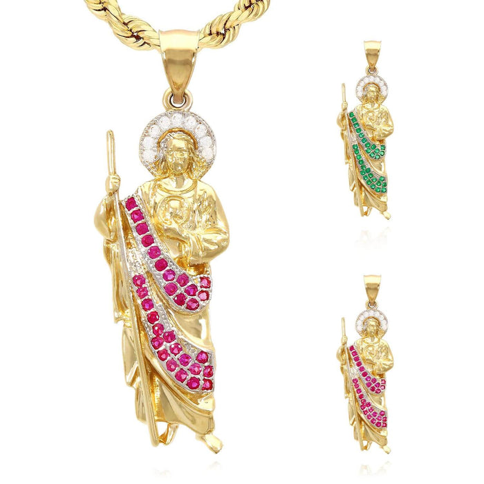 1.25CTW Ruby Emerald 14K Yellow Gold Religious St. Jude Pendant 1.8"