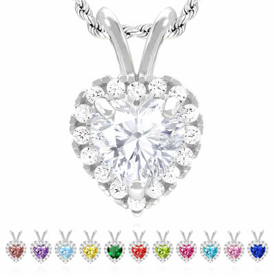 14K White Gold Birthstone and CZ Heart Shape Pendant 0.5"