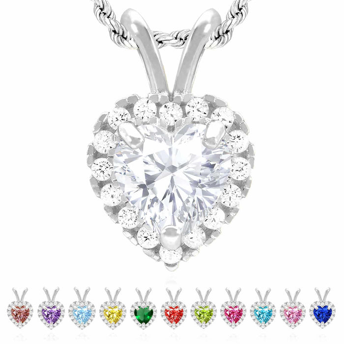 14K White Gold Birthstone and CZ Heart Shape Pendant 0.5"