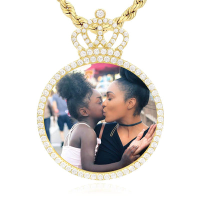 14K Gold CZ Royal Crown Round Picture Pendant 1.2"-1.8"