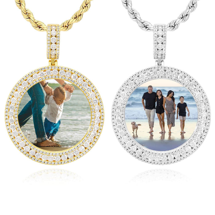 18K Gold Over Silver CZ Frame Round Picture Memory Medallion Pendant 2.1" - WJD Exclusives