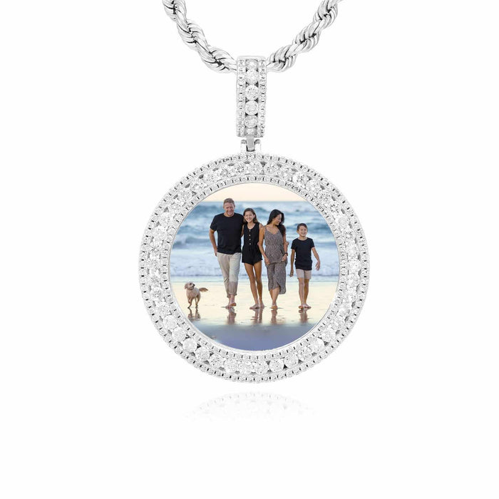 18K Gold Over Silver CZ Frame Round Picture Memory Medallion Pendant 2.1" - WJD Exclusives
