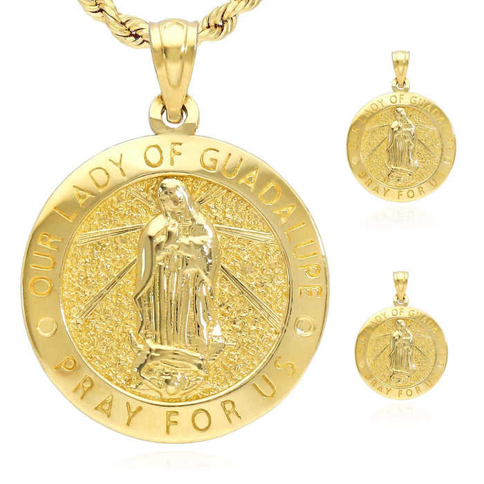 10K Yellow Gold Our Lady Of Guadalupe Pray For Us Medallion Pendant 0.8-1"
