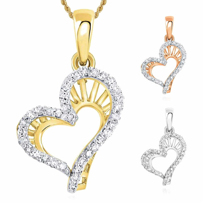 Natural Diamond 10K Gold Yellow White Rose Open Heart Pendant 1.1" - WJD Exclusives
