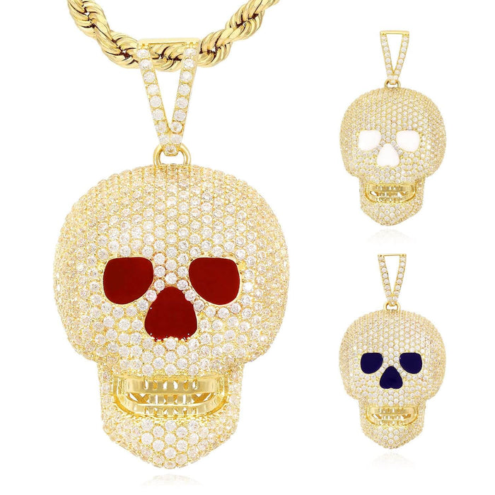 14K Yellow Gold CZ Pave Iced Out Classic Skull Pendant 1.6"