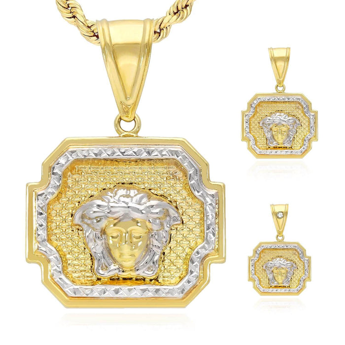 10K Yellow White Gold Two-Tone Framed Medusa Head Medallion Pendant 1.2"- 1.6"