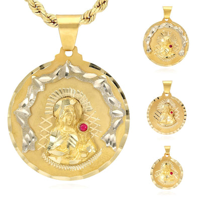 14K Yellow Gold Religious Saint Barbara Ruby Round Medallion Pendant 1" - 1.7" - WJD Exclusives