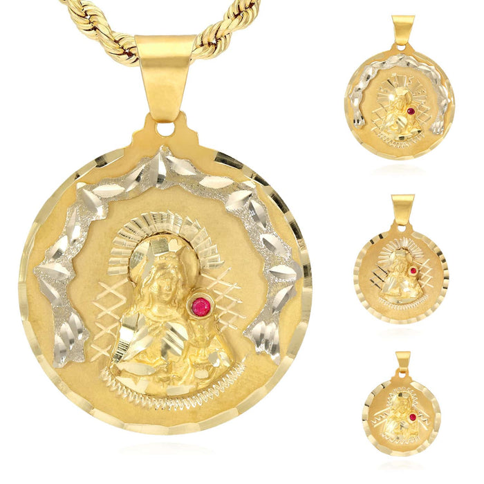 14K Yellow Gold Religious Saint Barbara Ruby Round Medallion Pendant 1" - 1.7" - WJD Exclusives