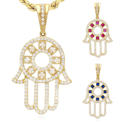 14K Yellow Gold Ruby Sapphire Zirconia Hamsa Pendant 1.5" - WJD Exclusives