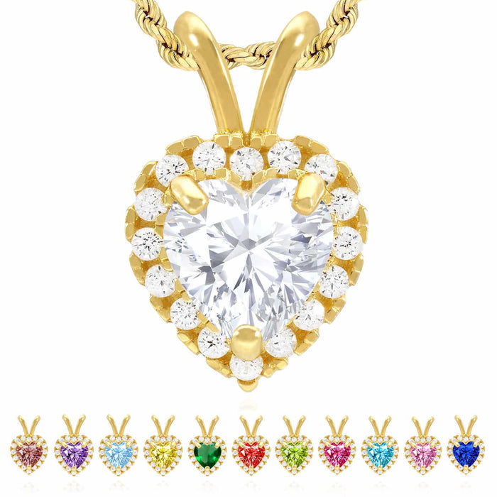 14K Gold Birthstone CZ Heart Shape Pendant 0.5"
