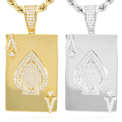 Gold Over Sterling Silver CZ Ace Of Spade Poker Card Pendant 1.7" - WJD Exclusives