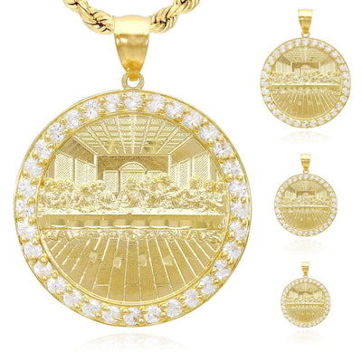 Solid 10K Gold CZ Frame Last Supper Round Pendant 0.8"-1.6"