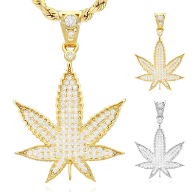 14K Gold Over Sterling Silver CZ Pave Marijuana Hemp Pendant 1.8"