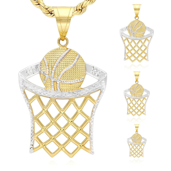 10K Yellow Gold Two-Tone Diamond-Cut Basketball Hoop Sport Pendant 1.57"-2.76"