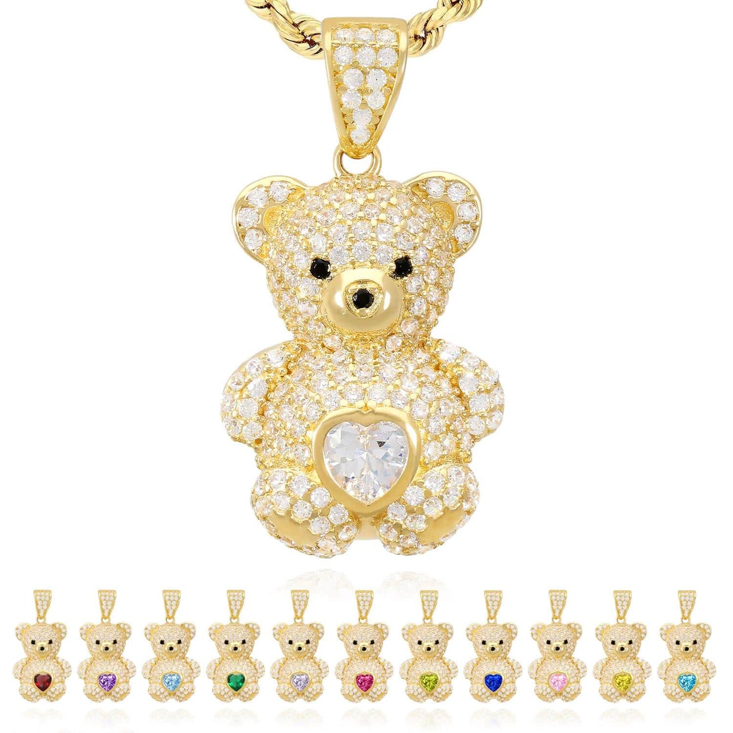 14K Gold CZ Color Birthstone Puffed Teddy Bear Charm Pendant 1.2"