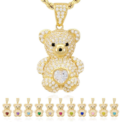 14K Gold CZ Color Birthstone Puffed Teddy Bear Charm Pendant 1.2"