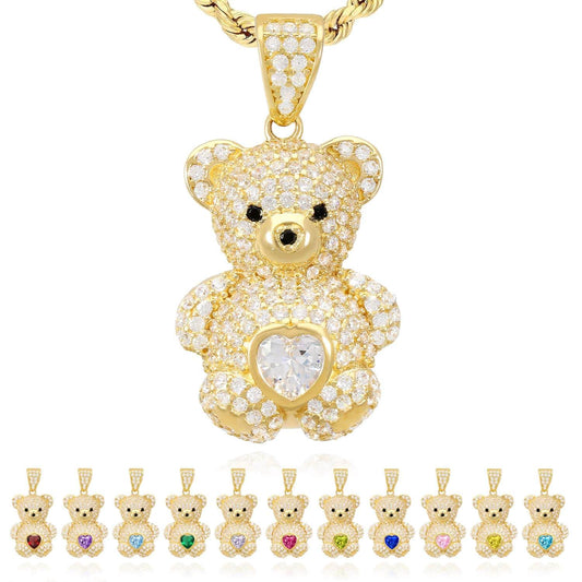 14K Gold CZ Color Birthstone Puffed Teddy Bear Charm Pendant 1.2"