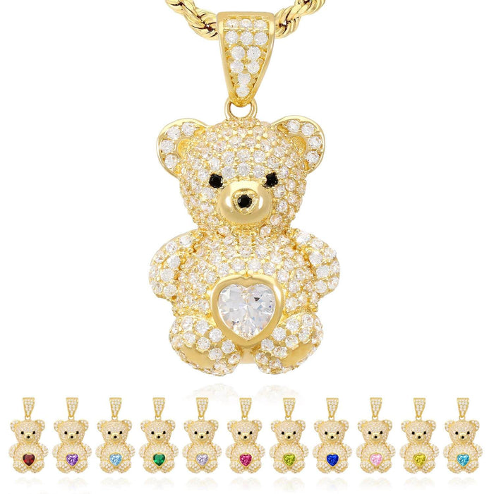 14K Gold CZ Color Birthstone Puffed Teddy Bear Pendant 1.2"