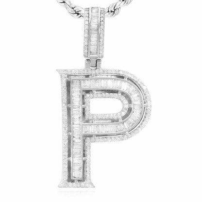 1.1CTW Real Diamond Baguette 14K White Gold Initial Letter Pendant 1.5"