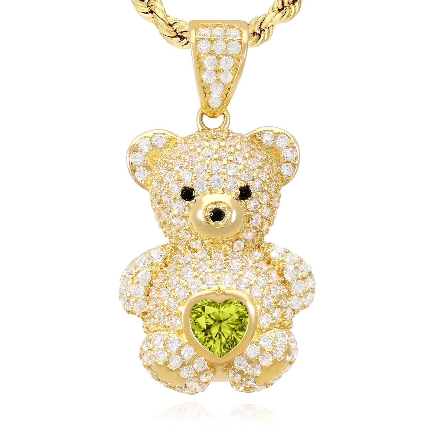 14K Gold CZ Color Birthstone Puffed Teddy Bear Charm Pendant 1.2"