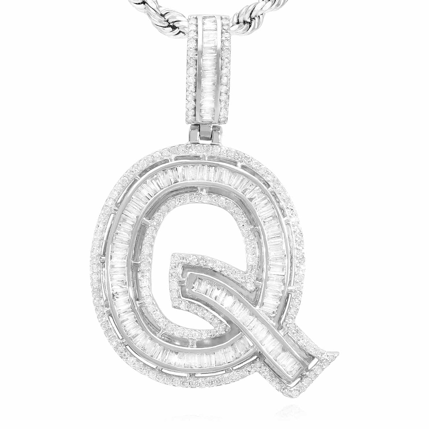 1.1CTW Real Diamond Baguette 14K White Gold Initial Letter Pendant 1.5"