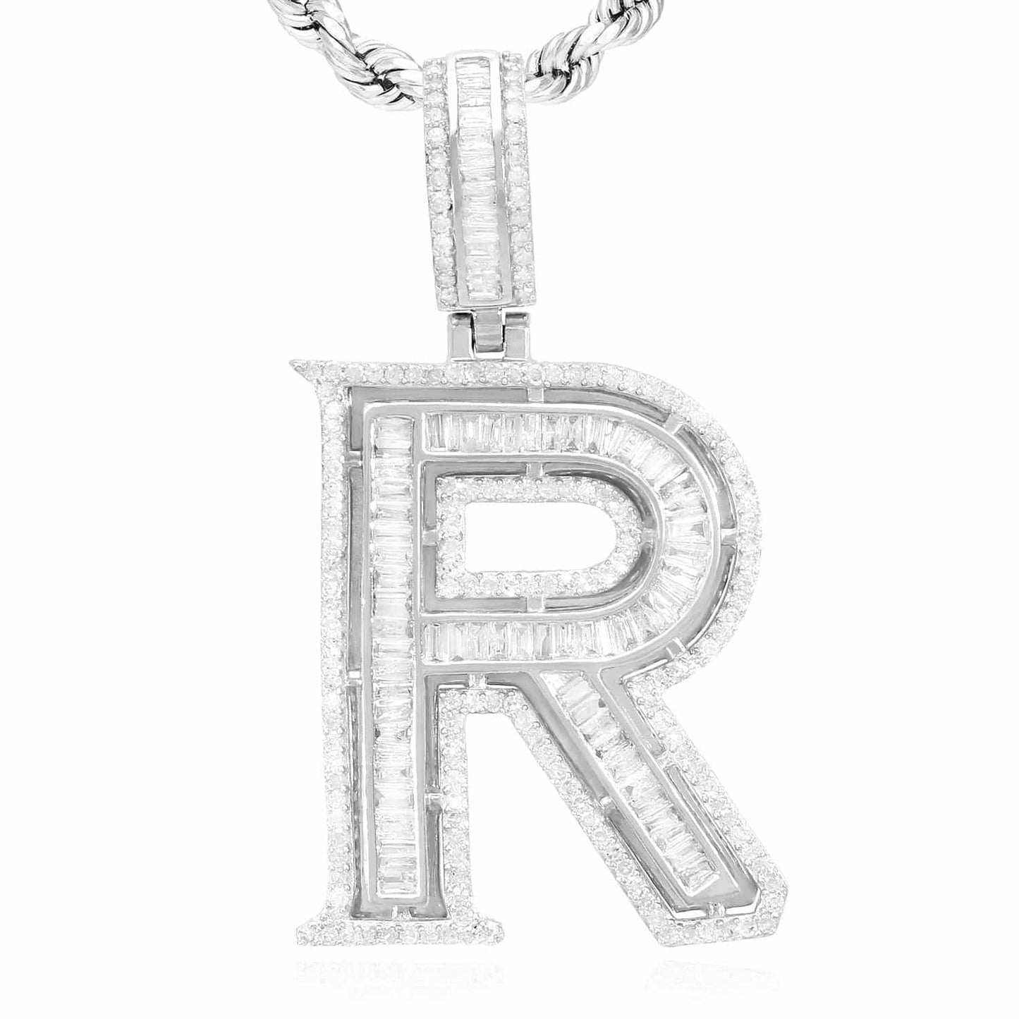 1.1CTW Real Diamond Baguette 14K White Gold Initial Letter Pendant 1.5"