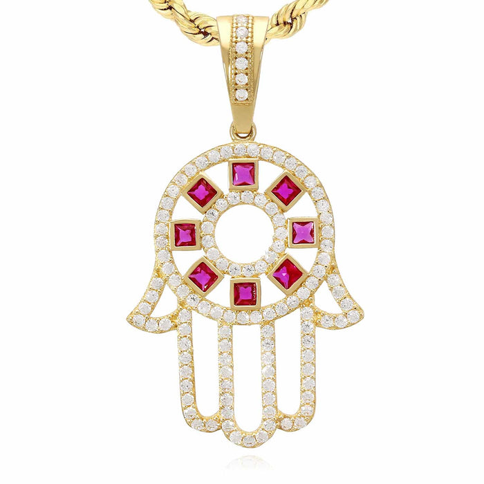 14K Yellow Gold Ruby Sapphire Zirconia Hamsa Pendant 1.5" - WJD Exclusives