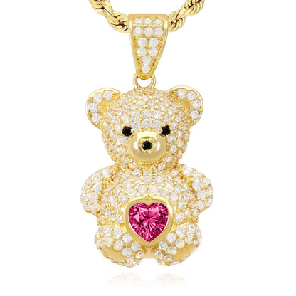 14K Gold CZ Color Birthstone Puffed Teddy Bear Charm Pendant 1.2"