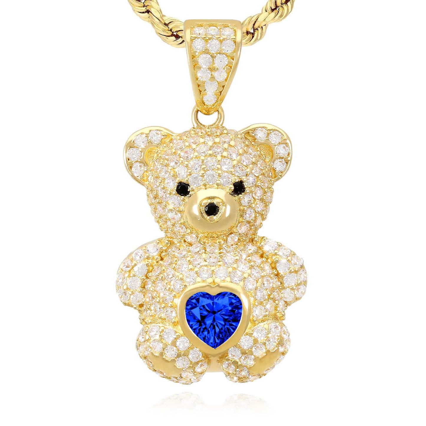 14K Gold CZ Color Birthstone Puffed Teddy Bear Charm Pendant 1.2"