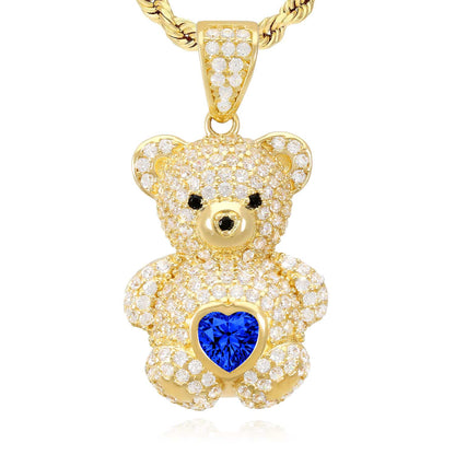 14K Gold CZ Color Birthstone Puffed Teddy Bear Charm Pendant 1.2"