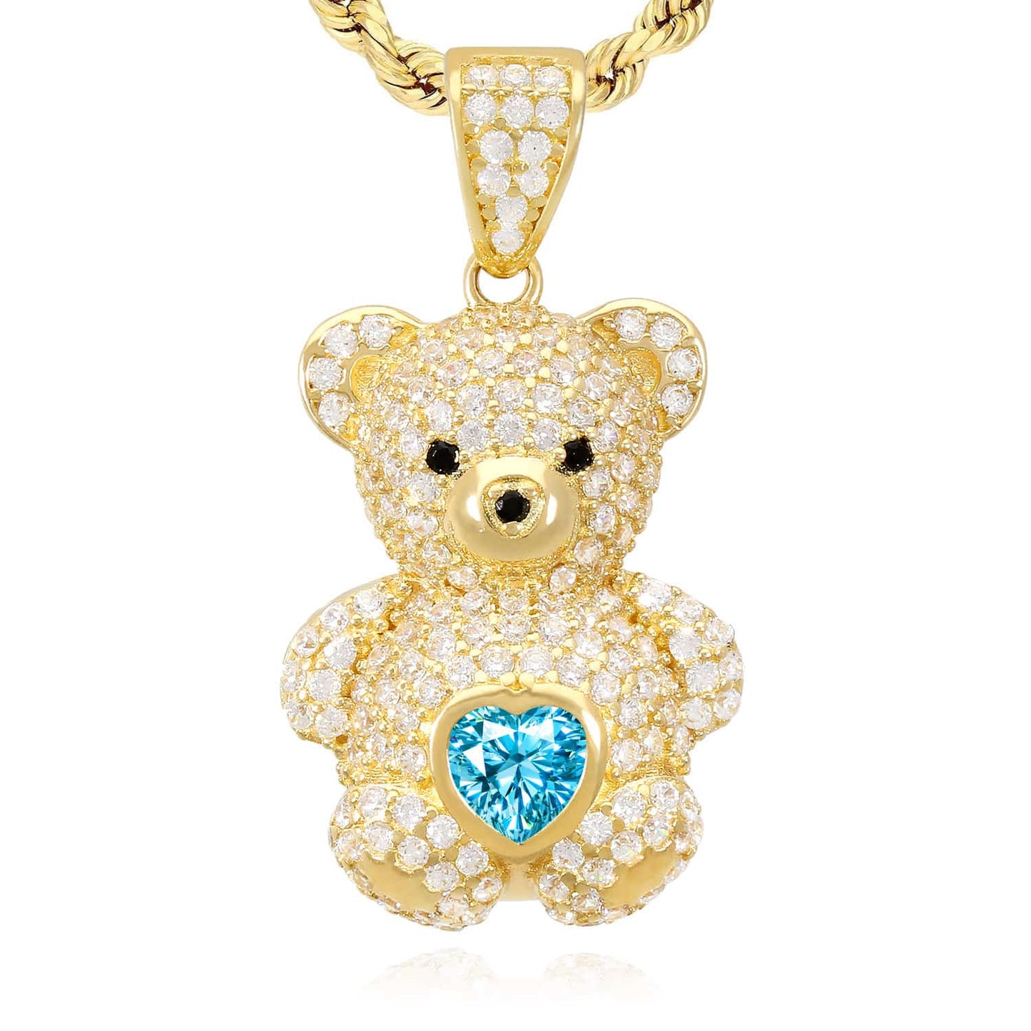 14K Gold CZ Color Birthstone Puffed Teddy Bear Charm Pendant 1.2"