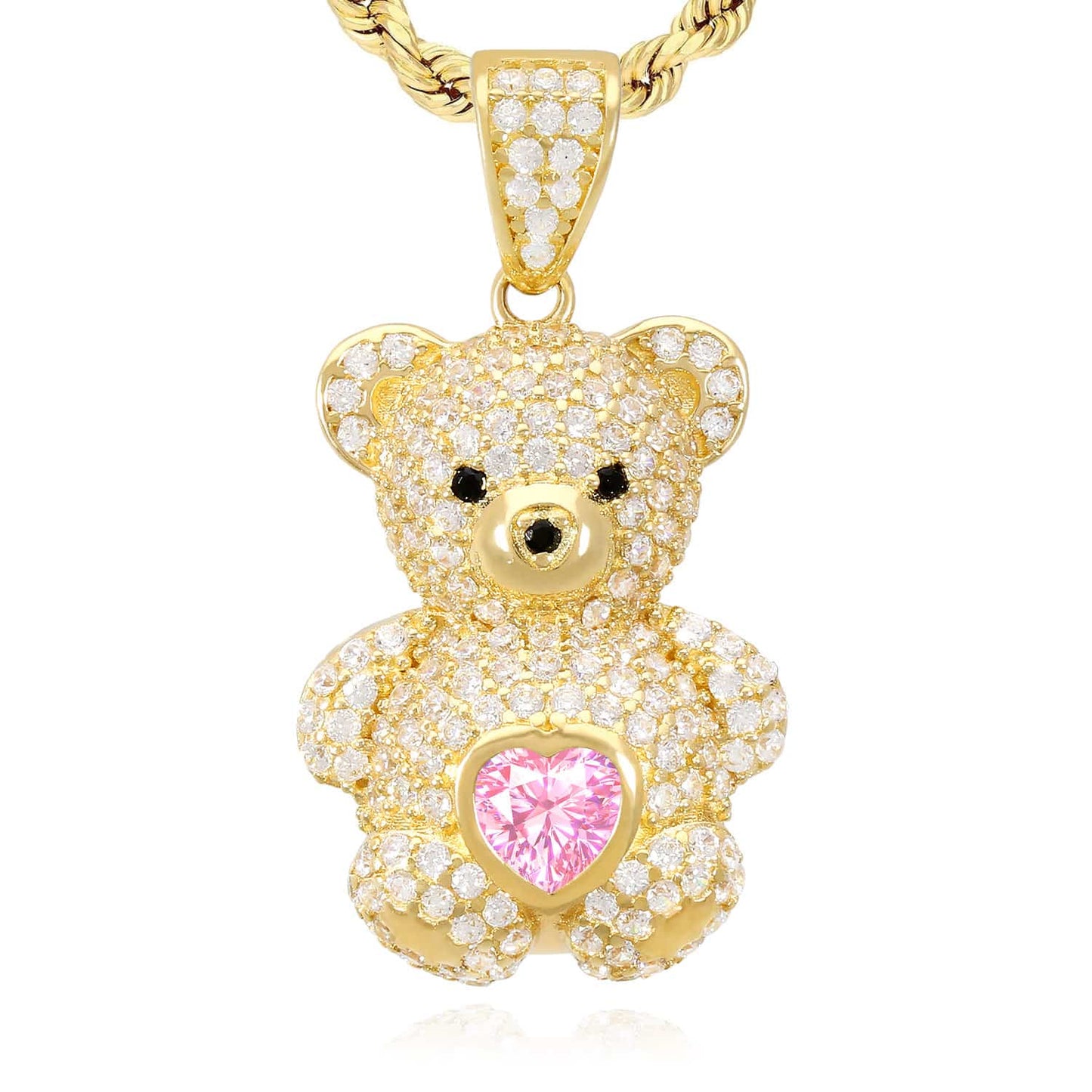 14K Gold CZ Color Birthstone Puffed Teddy Bear Charm Pendant 1.2"