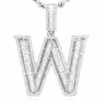 1.1CTW Real Diamond Baguette 14K White Gold Initial Letter Pendant 1.5"