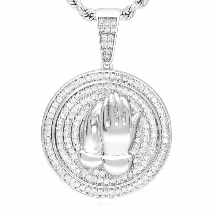 14k Gold Over Silver CZ Praying Hands Medallion Pendant 1.38"