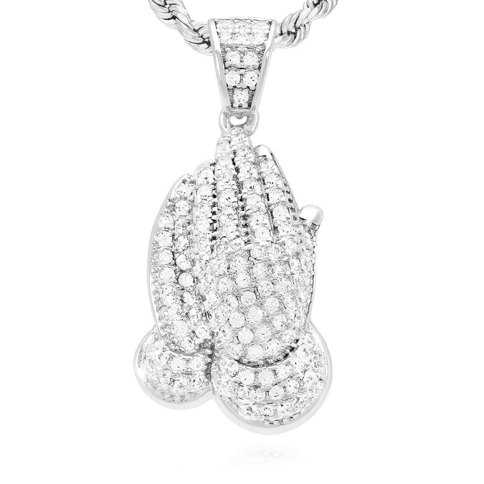 14K Yellow White Gold Over Silver CZ Pave Religious Praying Hands Pendant 1.18"