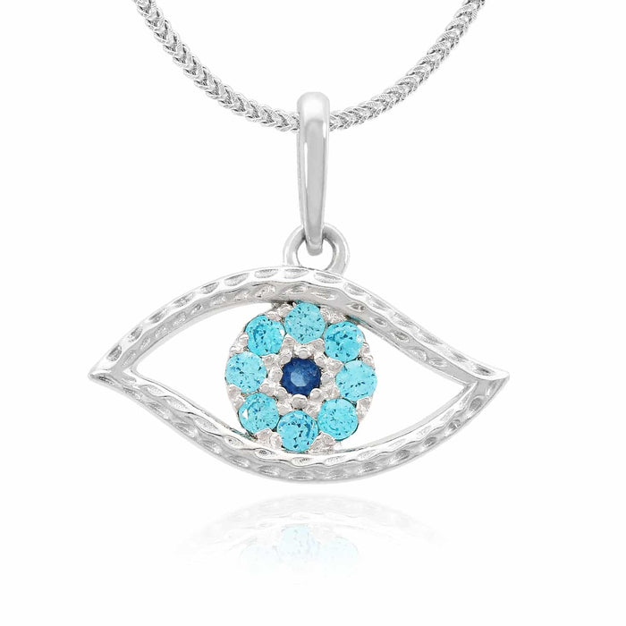 14k Yellow Gold Simulated Aquamarine & Sapphire Evil Eye Pendant 0.5"