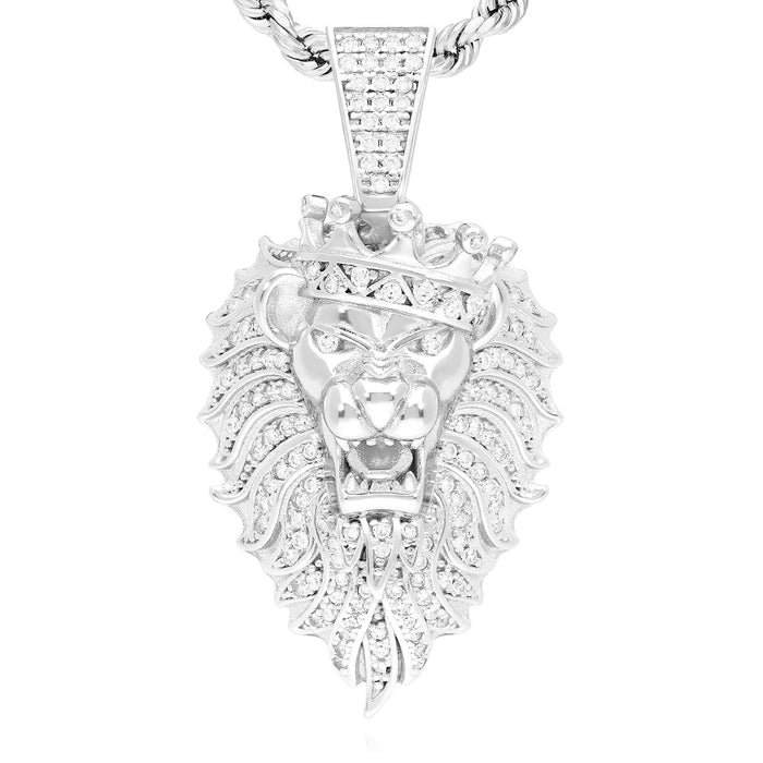 Yellow Gold Over Silver CZ Lion Crown Face Pendant 1.57"