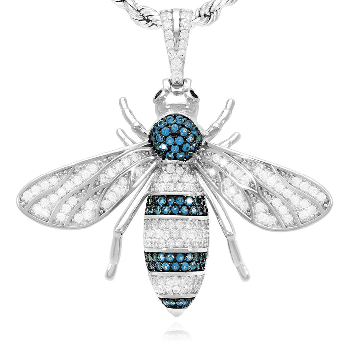 14K Yellow White Gold Over Silver Zirconia Blue Topaz Honey Bee 3D Pendant 1.6"
