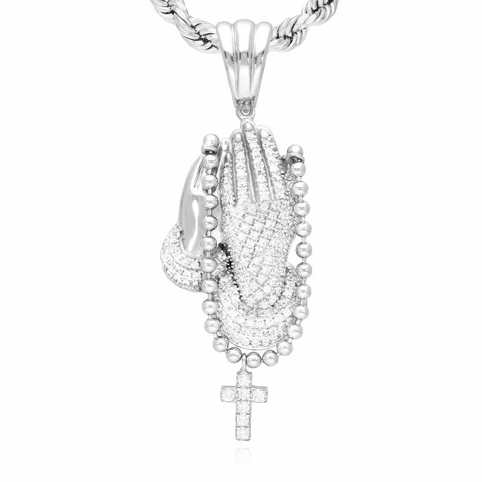 14k Gold Over Sterling Silver CZ Praying Hand Cross Pendant 1.57"