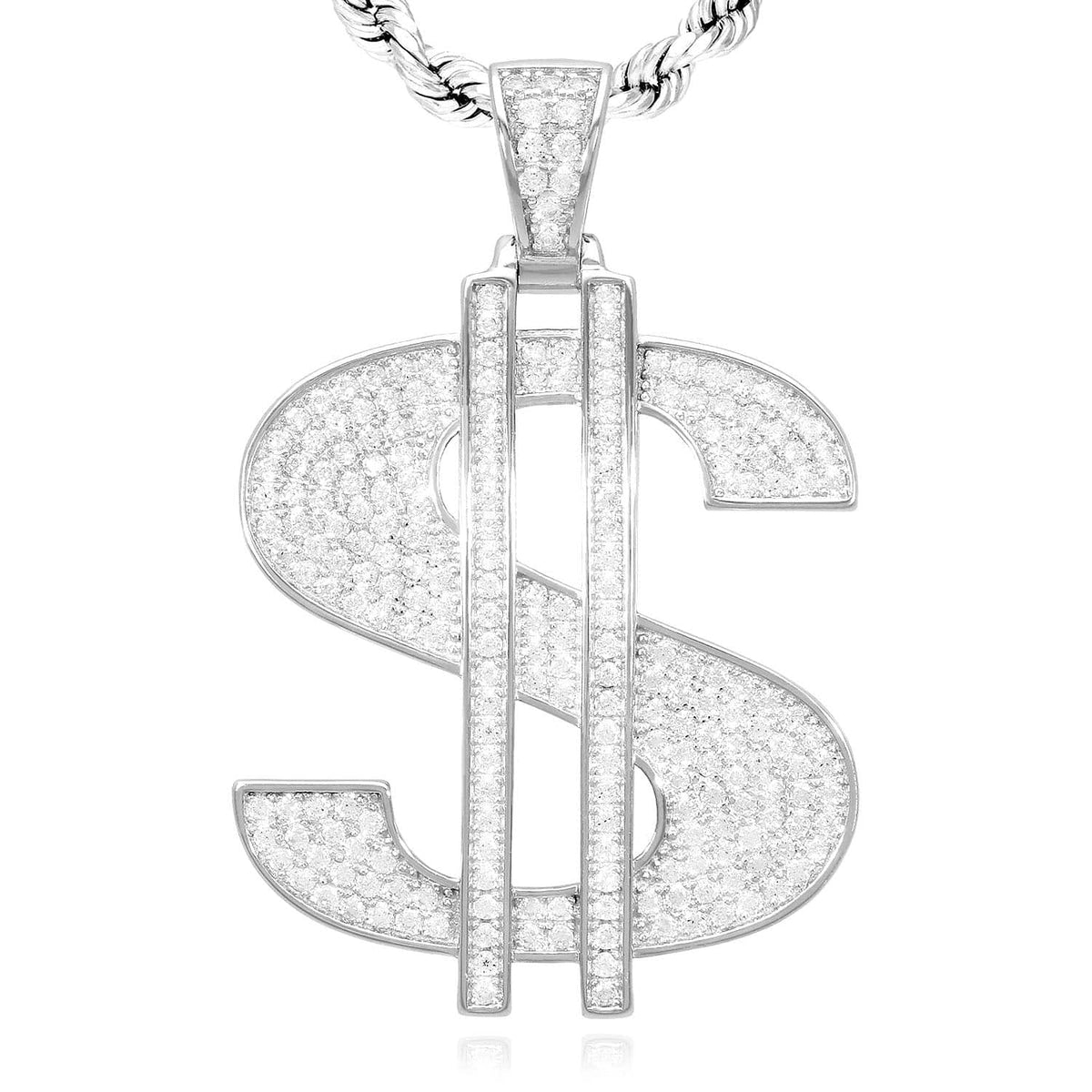 14K Gold Over Silver Ice Out CZ Pave Dollar Sign Pendant 1.6"