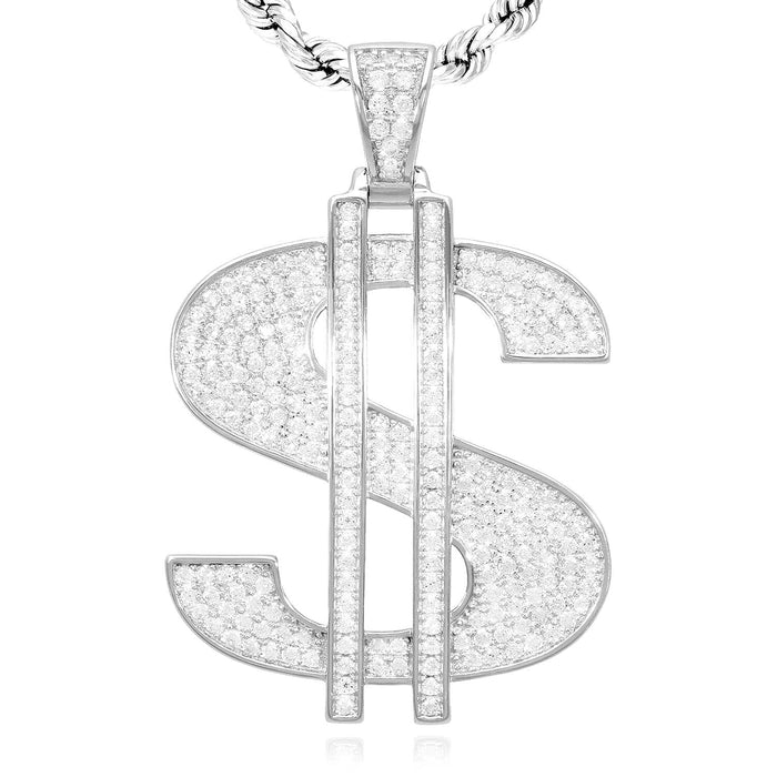 14K Gold Over Silver Ice Out CZ Pave Dollar Sign Pendant 1.6"
