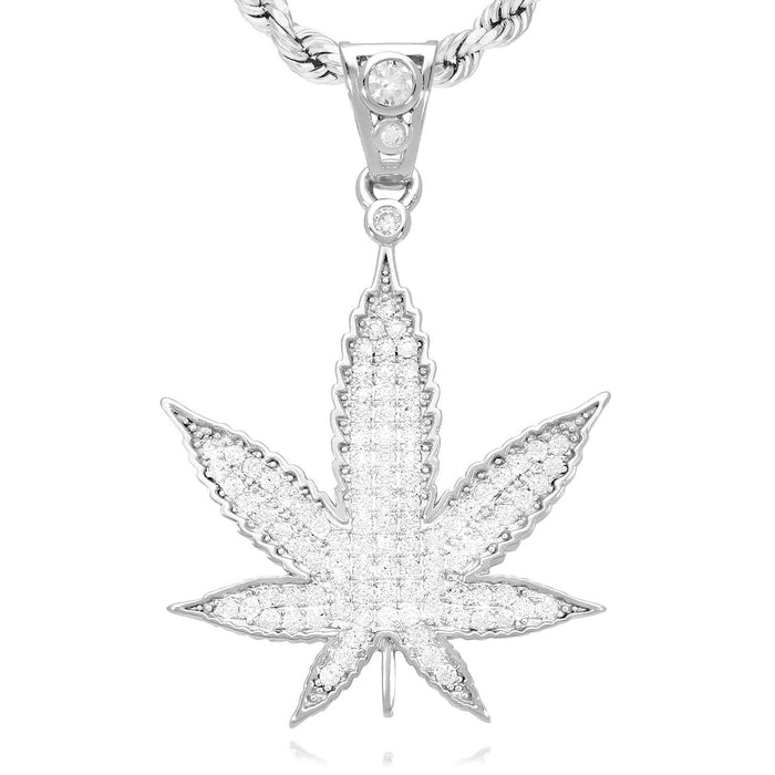 14K Gold Over Sterling Silver CZ Pave Marijuana Hemp Pendant 1.8"