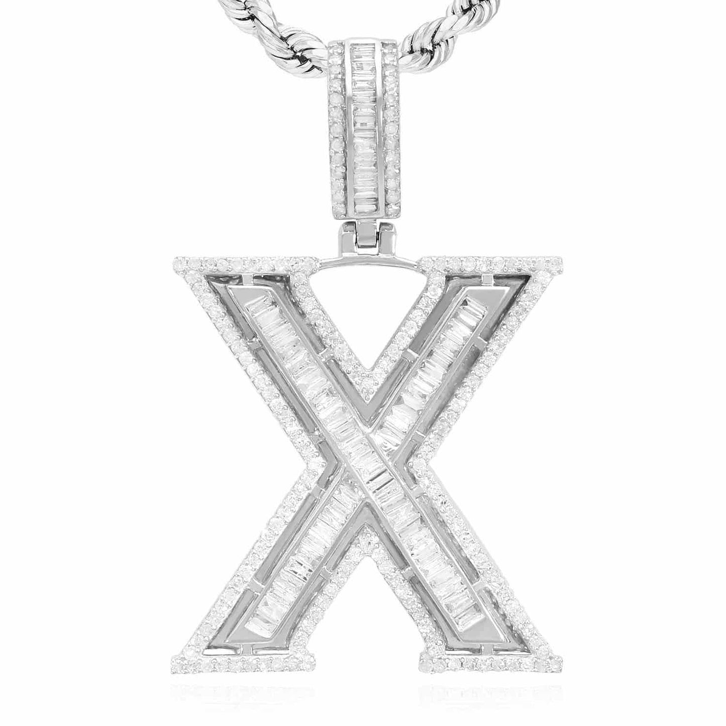 1.1CTW Real Diamond Baguette 14K White Gold Initial Letter Pendant 1.5"
