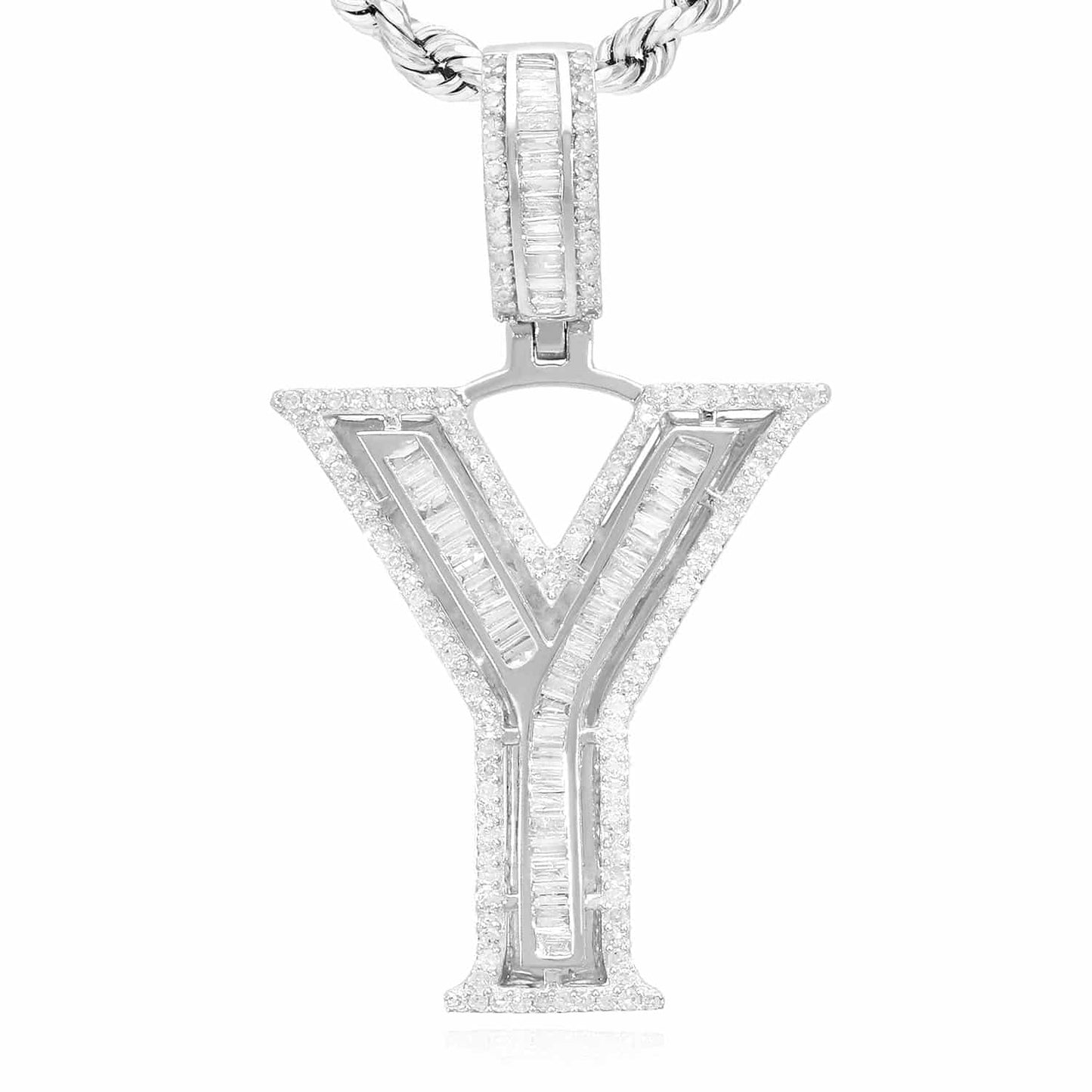 1.1CTW Real Diamond Baguette 14K White Gold Initial Letter Pendant 1.5"